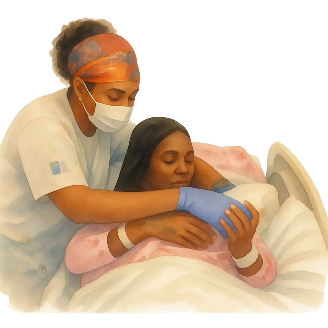 Watercolour illustration of a doula holding and comforting a labouring mother in a hospital bed.