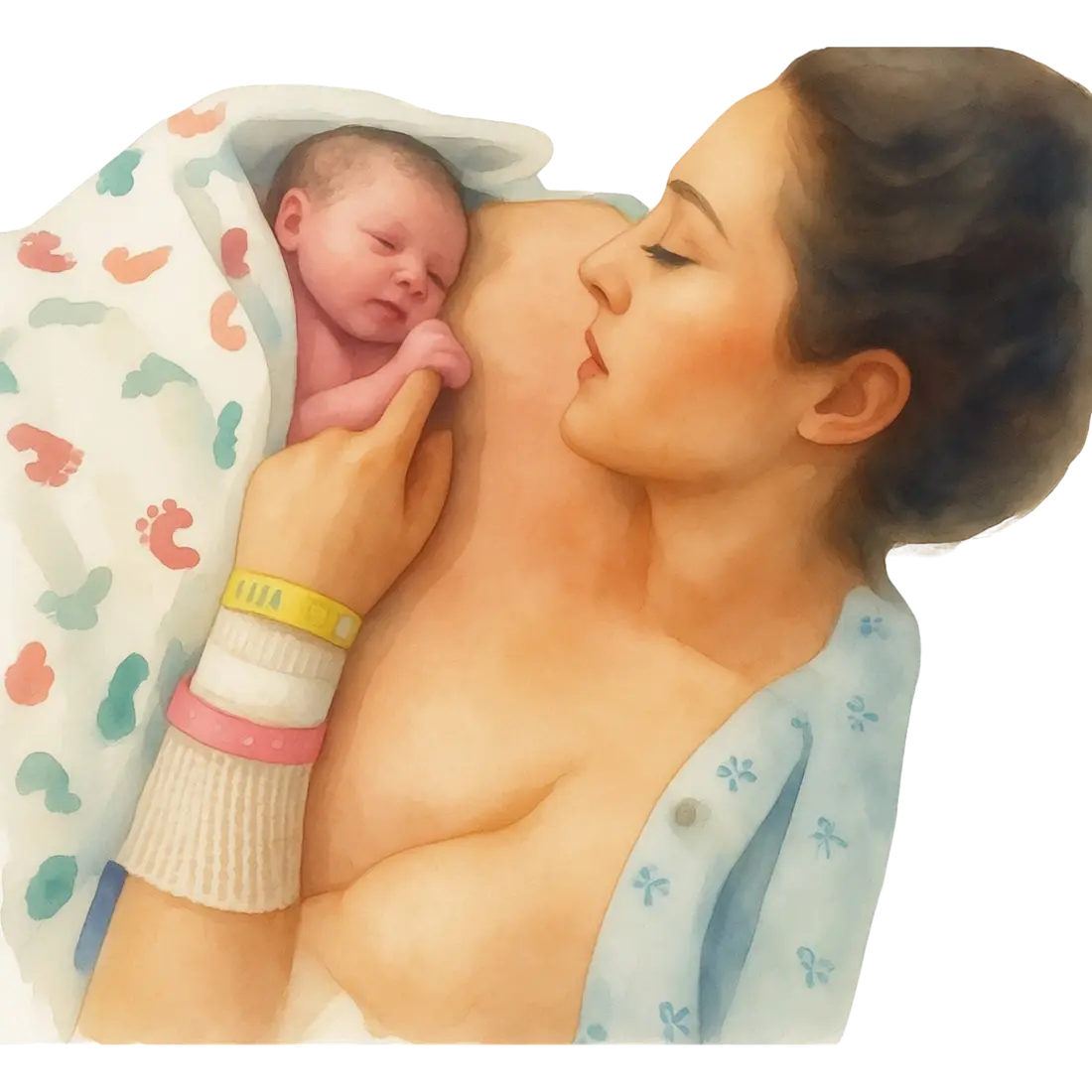 Watercolour illustration of a parent holding their newborn skin to skin just after birth.