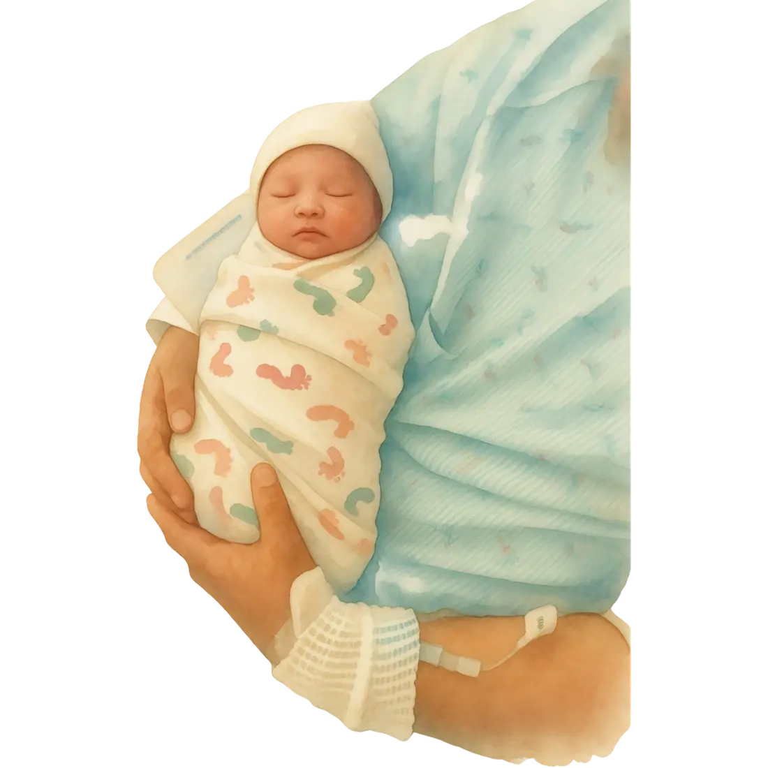 Watercolour illustration of a swaddled newborn resting in a parent's arms in hospital.